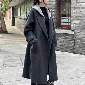 LUNATURE 여성 울코트 모직 빅사이즈 루즈핏 겨울 후드 통근 롱코트