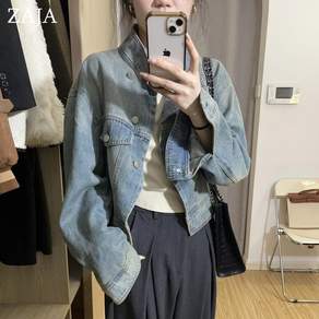 ZAJA 여성 데님 자켓 가을 스탠드카라 루즈핏 캐주얼 아우터