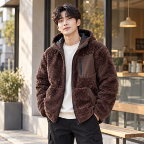 스타일닥터 남성 뽀글이 가을겨울 보아털 안감 후드 집업 자켓 배색 포켓 루즈핏 데일리 아우터