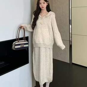COSYEVNO 여성 스웨터+스커트 루즈핏 캐주얼 기품 후드 단색 긴소매 겨울 슈트