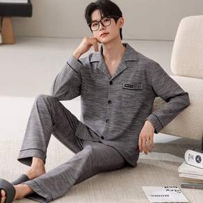 ANYOU 남성 순면 카라 잠옷 세트 긴팔 긴바지 투피스 홈웨어
