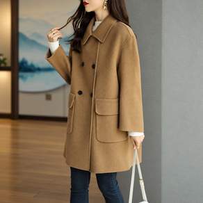 vosim 여성 겨울 모직 와이드카라 더블버튼 하프코트 루즈핏 빅포켓 데일리 아우터