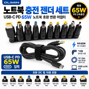 올리민 노트북 충전 젠더 세트 USB C타입 PD 고속충전 DC 변환 어댑터 10종 호환팁