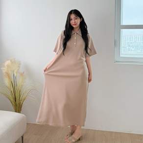 디테일웨어 여성 카라넥 단추 포인트 링클프리 원단 무지 플레어 반팔 롱원피스 빅사이즈 임부복 구김없는 오버핏 원피스