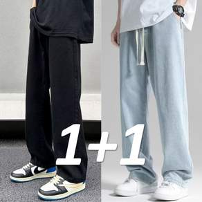 (1+1)히트세븐 와이드 밴딩 청바지 남성 여성 오버핏 데님 블랙진 블루진 오버핏 바지 BSD39