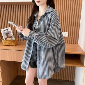 WIHOLL 여성 스트라이프 긴팔 셔츠 루즈핏 얇은 카라 빅사이즈 데일리룩