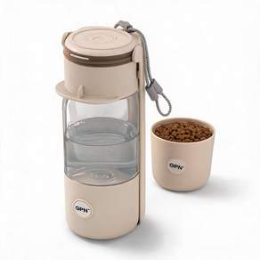 강아지 산책 물병 2in1 휴대용 급수기 사료통 350ml+200ml 누수방지 잠금형 외출 캠핑 반려동물 물통 베이지