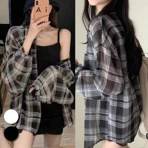 핏몬 여성 55~99 빅사이즈 시스루 체크 살탐방지 얇은 박시 롱 긴팔 여름 셔츠