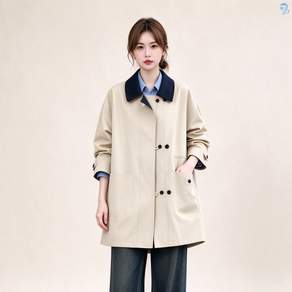 708090 여성용 컬러대비 칼라 미디엄 기장 트렌치 자켓