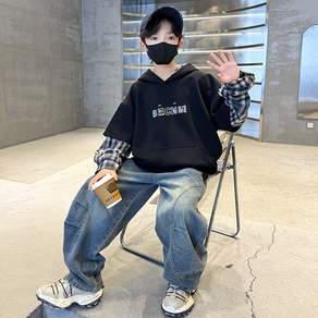 비비키드 남아 봄 가을 초등생 체크 페이크레이어드 레터링 후드티 긴팔 데님 긴바지 상의 초중생 하의 세트 주니어 상하의 (8070)