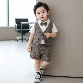 몽실이 보타이 반팔 체크정장 상하복