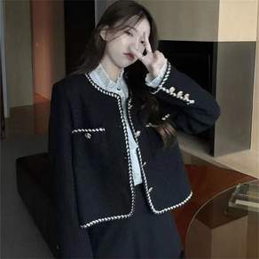 vosim가을겨울 여성 트위드 자켓 라인 테두리 골드버튼 루즈핏 숏 자켓