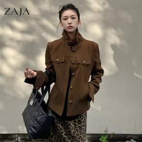 ZAJA 여성 숏자켓 골드버튼 플랩포켓 간절기 데일리 스탠드카라 자켓
