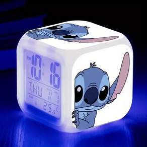 디즈니 1pcs Stitch 알람 스퀘어 칠색 변색 Led 디스플레이 온도는 책상 홈 장식 만화 캐릭터 천사 & stitch 생일 졸업 선물을 보여준다.