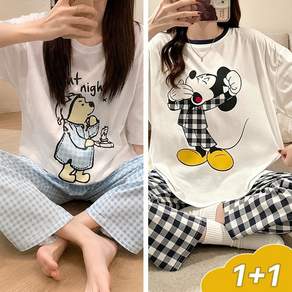 얼음여우 1+1 여성 여름 잠옷세트 큐트 캐릭터 홈웨어 반팔 긴바지 상하세트 외출 가능한 파자마