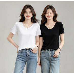 디어스킨 여성 모달 브이넥 반팔 티셔츠 2P