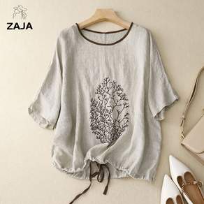 ZAJA 여름 여성 루즈핏 자수 반팔 린넨 블라우스 편한 스트링 데일리룩