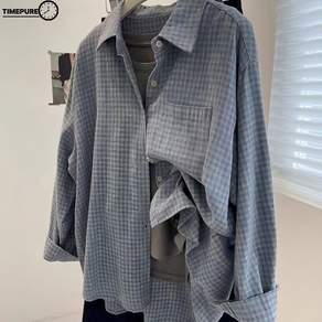 TIMEPURE 남녀 공용 오버핏 체크 셔츠 데일리 셔츠 코디 오버사이즈 긴팔 셔츠 실루엣 편안함 캐주얼 룩 통근 데이트 소프트 텍스처 릴랙스 핏 셔츠