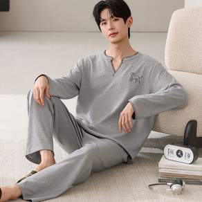 ANYOU 남성 순면 잠옷 세트 브이넥 긴팔 긴바지 투피스 홈웨어