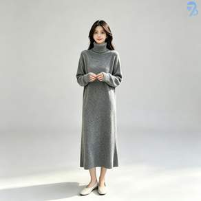 708090 여성용 하이넥 루즈핏 롱 니트 원피스