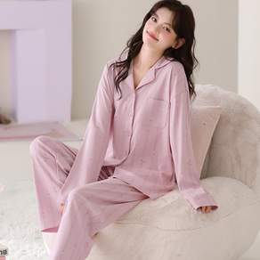 ANYOU 여성 봄가을 카라 잠옷 세트 긴팔 긴바지 투피스 홈웨어
