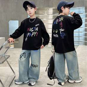 비비키드 초등생 상의 초중생 하의 주니어 의류 세트 남아 NIGTH PAPYT 레터링 페인팅 긴팔 데님 긴바지 봄 가을 초등생 상의+하의 세트 (2518)