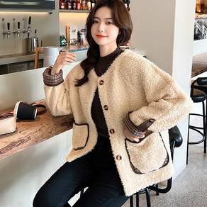Seevary 겨울 여성용 V넥 버튼 길이감 있는 두툼한 숏 아우터 인조 양털 빈티지 재킷
