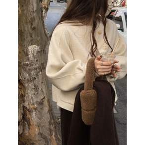 BROWMODA 여성 캐주얼 심플 아우터 숏 루즈핏 긴팔 라운드넥 트위드 자켓 코트