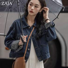 ZAJA 여성 가을 청자켓 루즈핏 카라 크롭 워싱 데님 아우터