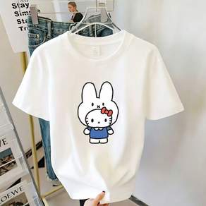 FONOW반팔면티 순면 100% 여성티셔츠 루즈핏 반팔티셔츠 빅사이즈 패션여성티셔츠 편하고 통기성 여름캐주얼 라운드티셔츠 캐릭터 토끼고양이 프린트 디자인 빅사이즈여성쇼핑몰