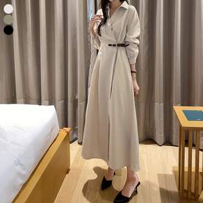 블레스유 여성 봄 가을 벨트 프렌치 카라 롱 핀턱 랩 원피스 하객룩 데이트룩 데일리룩 허리조절 긴팔 브이넥
