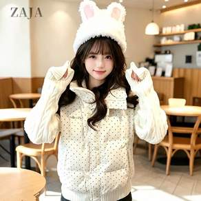 ZAJA 여성 니트 배색 패딩 점퍼 도트 캐주얼 카라 데일리 겨울