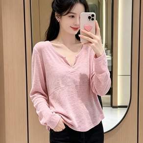 해피유통 여성 브이넥 긴팔 티셔츠 언밸런스 디자인 얇은 여름 상의