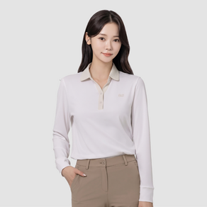 [국내생산] 베러투데이 여성 파크골프 가을 썬그립 브이 배색 카라 긴팔 티셔츠