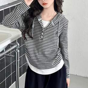 TKX 여아 긴팔 후드티 레이어드 스트라이프 데일리 아동복 신축성 좋은 14세이상