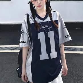 여성 매쉬 저지 오버핏 반팔티 럭비 풋볼 사커 유니폼 방송 댄스복 힙합 y2k