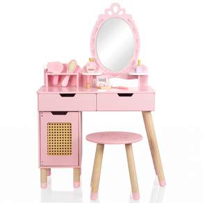 WOODENFUN 목재 어린이 공주 화장대 놀이 세트 스툴 포함 화장놀이 액세서리 풀세트 여아 역할놀이 장난감 3세이상