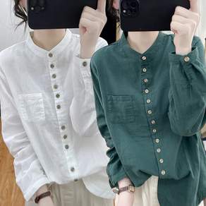 데일리 순면 긴팔 와이셔츠 여성 봄가을 빈티지 베이직 순색 남방 버튼 블라우스