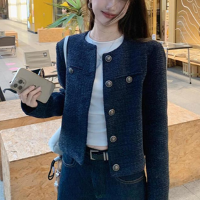 여성 트위드 자켓 상의 출근 통근 정장 라운드넥 긴팔 숏 아우터 트위드 자켓