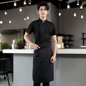 IDEAER 남성용 반팔 셰프복 고급 아이스 실크 통기성 앞치마 포함 세트