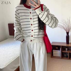 ZAJA 여성 봄가을 니트 가디건 스트라이프 배색 라운드넥 루즈핏 데일리