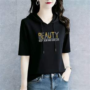 besteffie 여름코디추천 중년여성 반팔 후드티 연령 제한 없음 나비 프린트 루즈핏 스포츠웨어 면혼방 데일리룩 K98