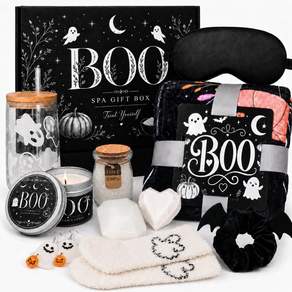 여성 할로윈 선물 세트 Boo 바구니 담요 유리컵 스파 블랙