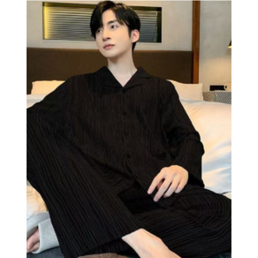 남성 플리츠 파자마 세트 찰랑거리는 루즈핏 긴팔 홈웨어 잠옷 FvaBzon