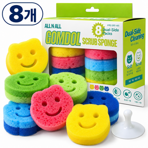 ALL N ALL 곰돌 스마일 스크럽 주방 양면 수세미 8P + 흡착 홀더 포함