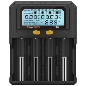 POWERKAN 스마트 만능 LCD 지능형 배터리 충전기 4구 리튬 니켈 PD4 건전지 배터리 고속충전 18650 AA AAA 21700 32650 용량확인 과충전방지 방전테스트