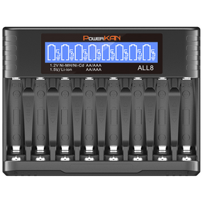 POWERKAN AA/AAA 건전지 8구충전기 1.5V 리튬이온 1.2V니켈수소 ALL8 건전지 충전 AA AAA USB-C 과충전방지 LCD표시 파워칸 배터리 충전기