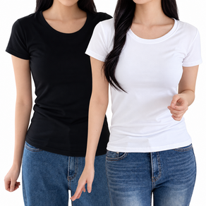 일월전빵 1+1 여성 슬림핏 무지 레이어드 스판 라운드 브이넥 반팔 티셔츠 B-C026