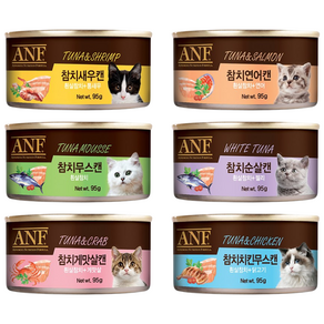 ANF 캣푸드 캔 6종콤보 95g x 24개 (6종 각 4개씩 총24개), 1세트, 1개, 참치치킨무스캔, 참치세우캔, 참치연어캔, 참치게맛살캔, 참치무스캔, 참치순살캔