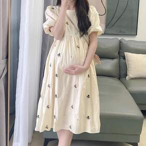 임산부 봄 여름 원피스 봄 여름 캐주얼 라운드넥 반팔 미디 원피스 임부복 빅사이즈 패션 벌룬 소매 치마 SJS